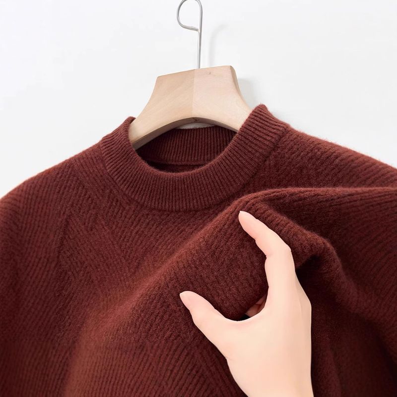 Pure Men's High-End 100% Pure 420g Round Neck Loose Jacquard Warm Wool Sweater Base Layer_voghion.com