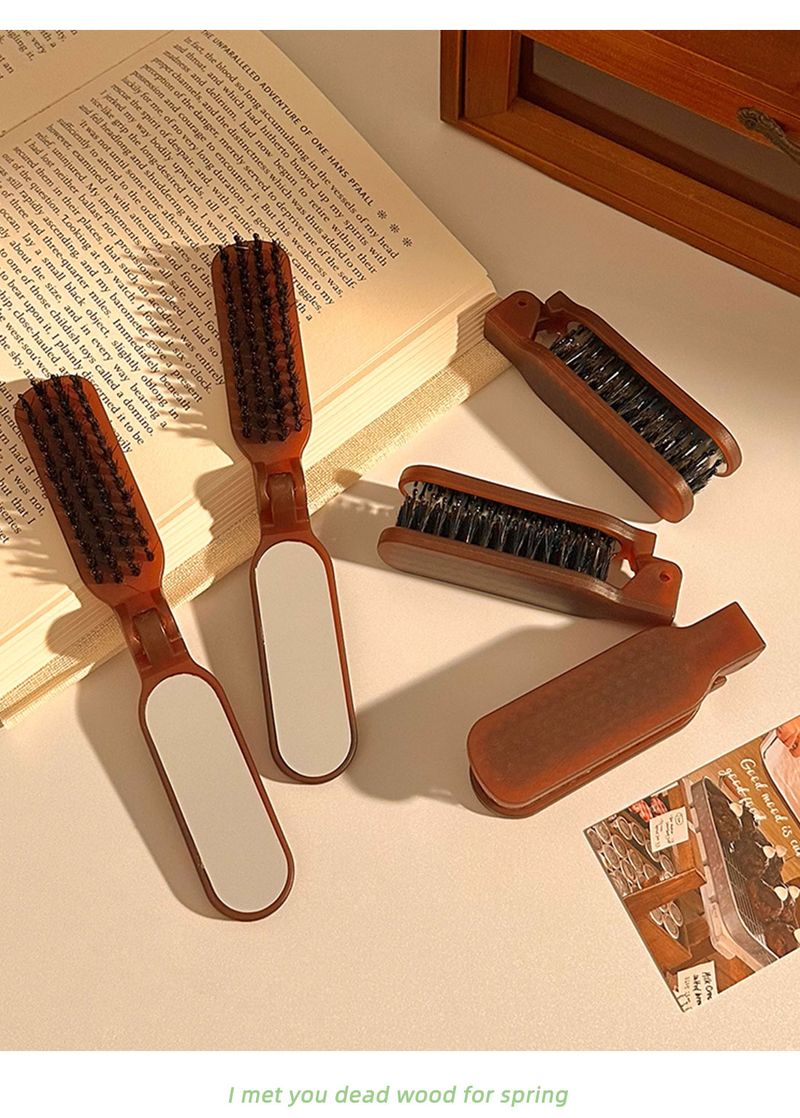Folding Boar Bristle Comb With Mirror Integrated Portable Travel Massage Comb Women's Bangs Fluffy Hair Comb_voghion.com