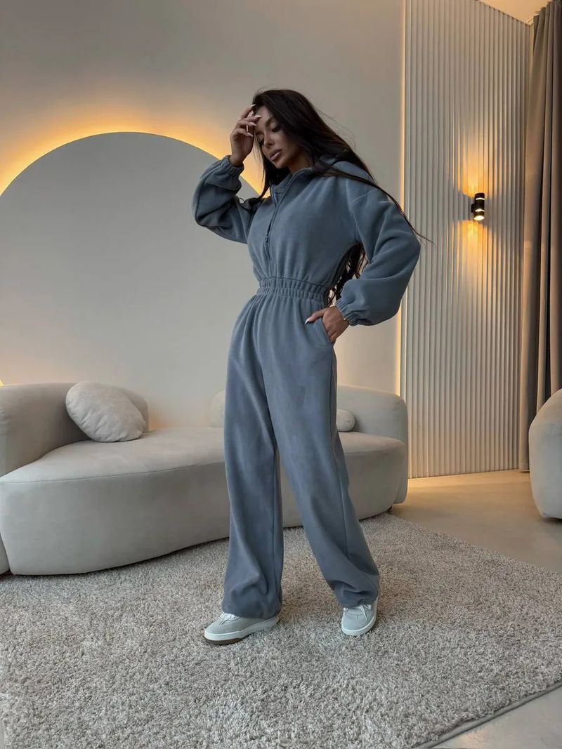 Tuta da donna a maniche lunghe, con collo alto, zip frontale e gamba larga, in misto poliestere elasticizzato (S-XL, tinta unita, stile minimalista)_voghion.com