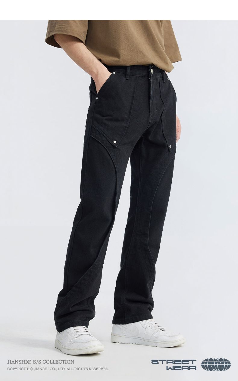 Herren Retro Bootcut Jeans – Korean Style Washed Denim mit Nietennähten (Schwarz, S-XL)_voghion.com