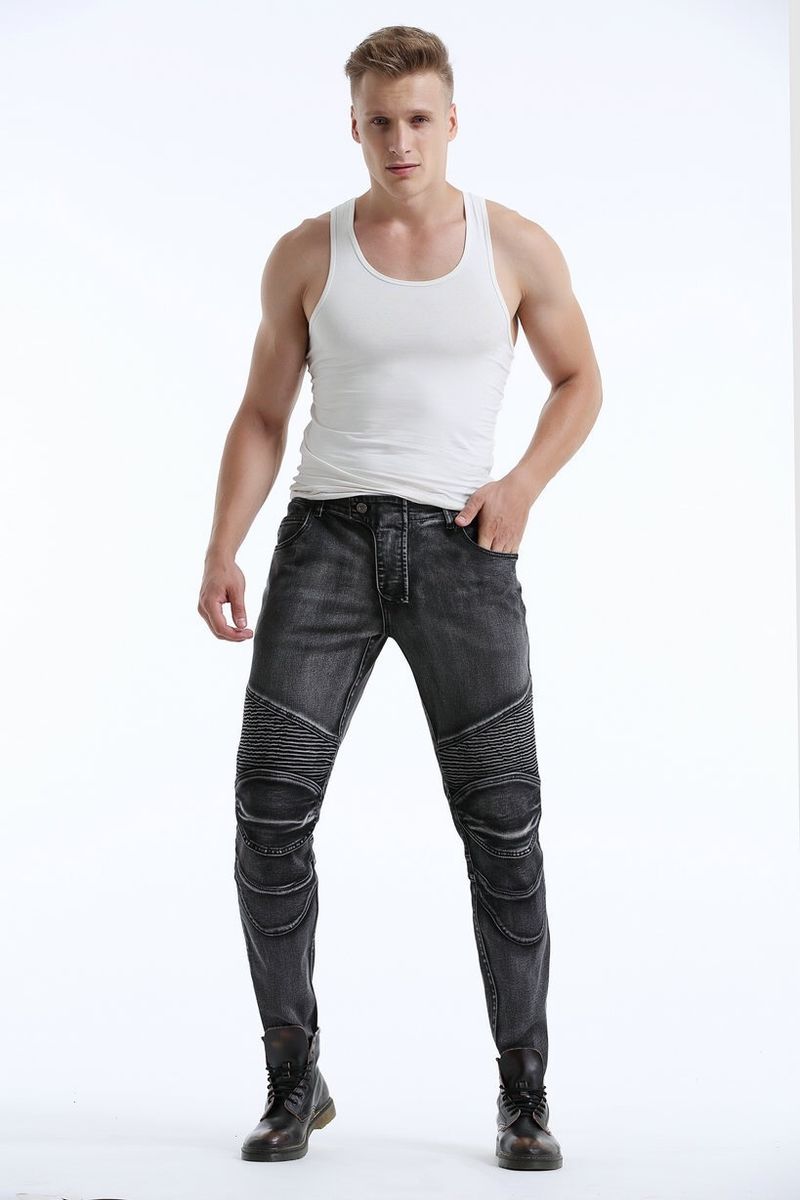 Jeans da motociclista unisex - Pantaloni in denim grigio argento anticato con protezione per le ginocchia, taglio dritto per stile urbano e racing (S-XXXL, grigio lavato)_voghion.com