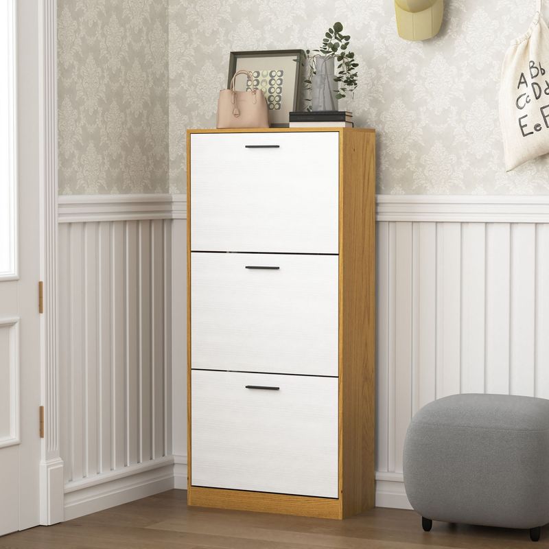 Shoe Storage Cabinet With 3 White Panel Flip Drawers, Freestanding Organizer For Entryway, Narrow Shoe Rack Cabinet_voghion.com