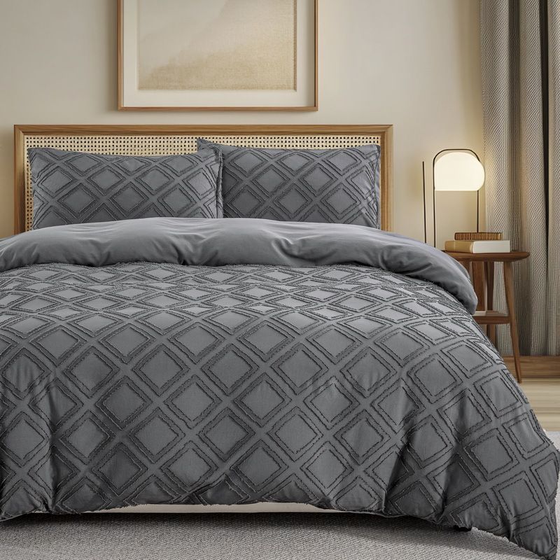 Diamond Geometric Duvet Cover Set - Grey Nordic Bedding 3-Piece Set With Brushed Fabric, Fits Queen/King Size (Includes Duvet Cover + 2 Pillowcases)_voghion.com