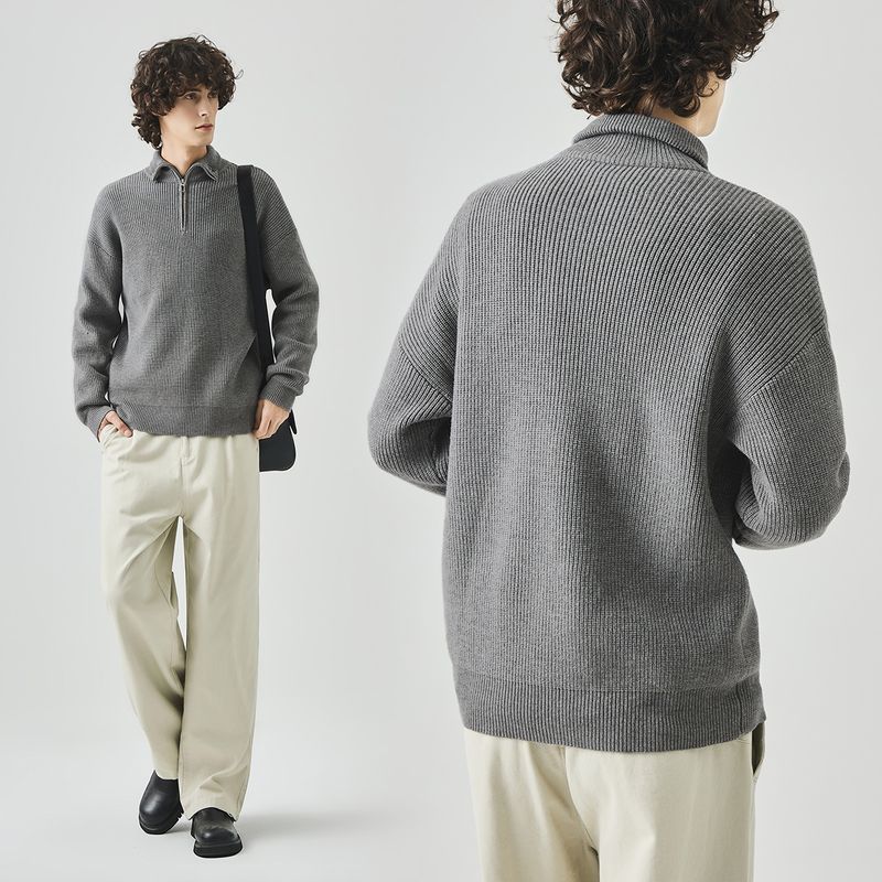 APO Kleidung | Herren Rollkragenpullover im Old Money Style Koreanische Version Lockerer Halbreißverschluss Langarm Strickoberteil Herbst_voghion.com