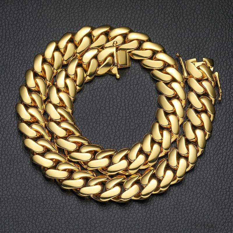 Men's Jewelry 10/12/14/16/18/20/22mm Width Smooth Large Cuban Chain Copper Plated Real Gold Butterfly Buckle Necklace_voghion.com