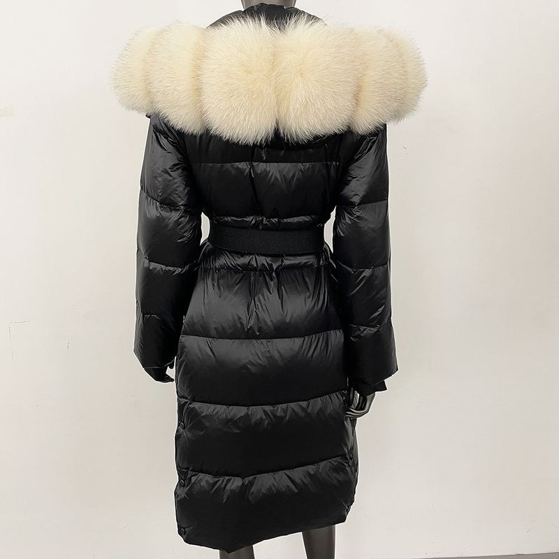 Damenbekleidung Fuchspelzkragen, langer Taillengürtel, luxuriöser langer Daunenmantel mit Kapuze und Gürtel, elegante und warme Winterjacke für Damen_voghion.com