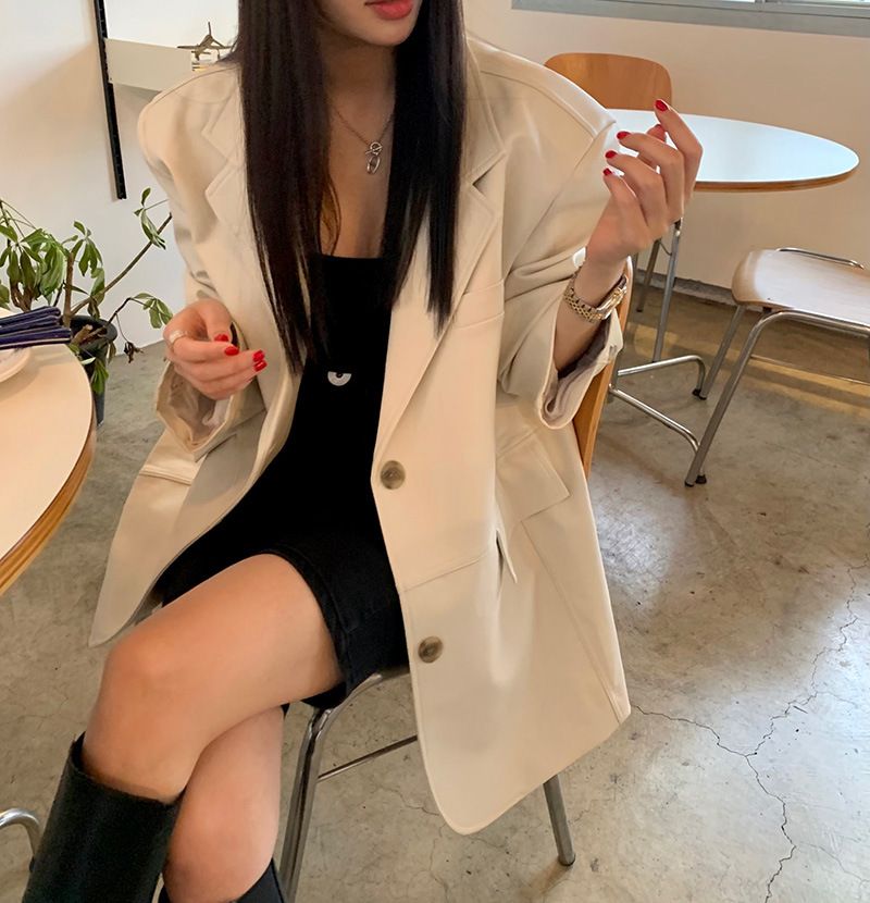 Cappotto lungo in pelle con colletto in pelle PU, personalità della moda da donna_voghion.com