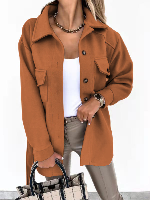 Cappotto ampio in lana con camicia monopetto in tinta unita spessa con risvolto alla moda da donna_voghion.com