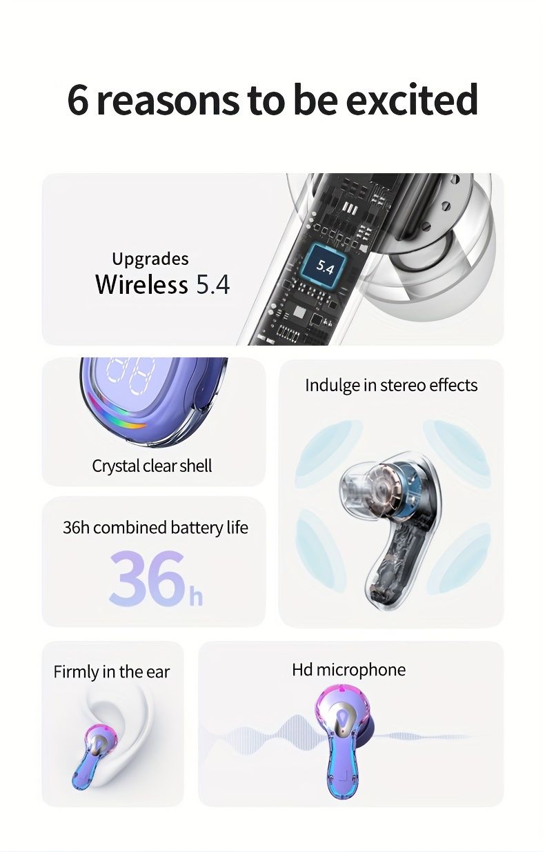 5.4 Wireless Earbuds Built-in Ambient Lighting Sports Gaming Bass Touch Control Headset Digital Display_voghion.com