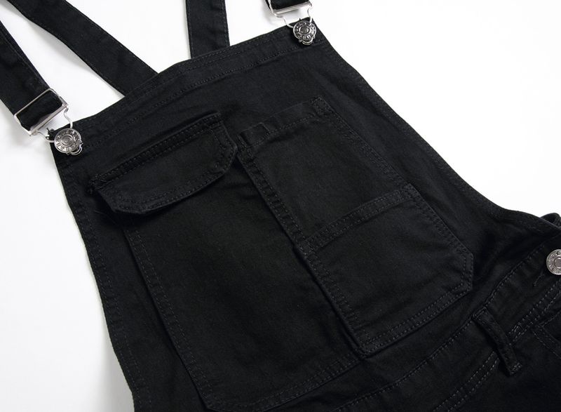 Mode Herren Hosenträger Denim Overall Schwarz Zerrissene Denim Hose Beliebte Arbeitskleidung_voghion.com