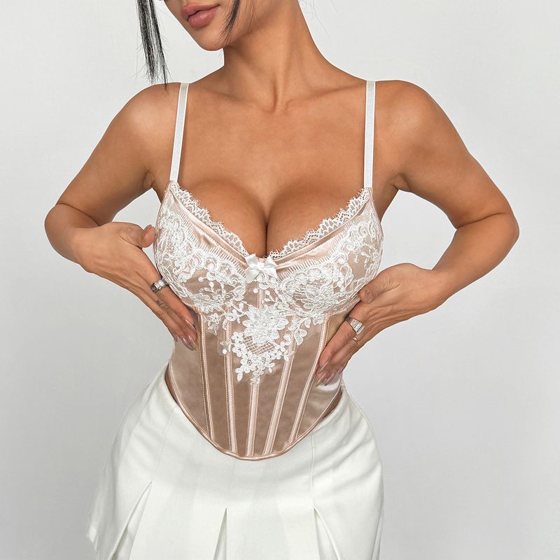 Top con ferretto e schiena a rombi in raso altamente elasticizzato con pizzo e ricami in rete da donna - Beige (S/M/L)_voghion.com