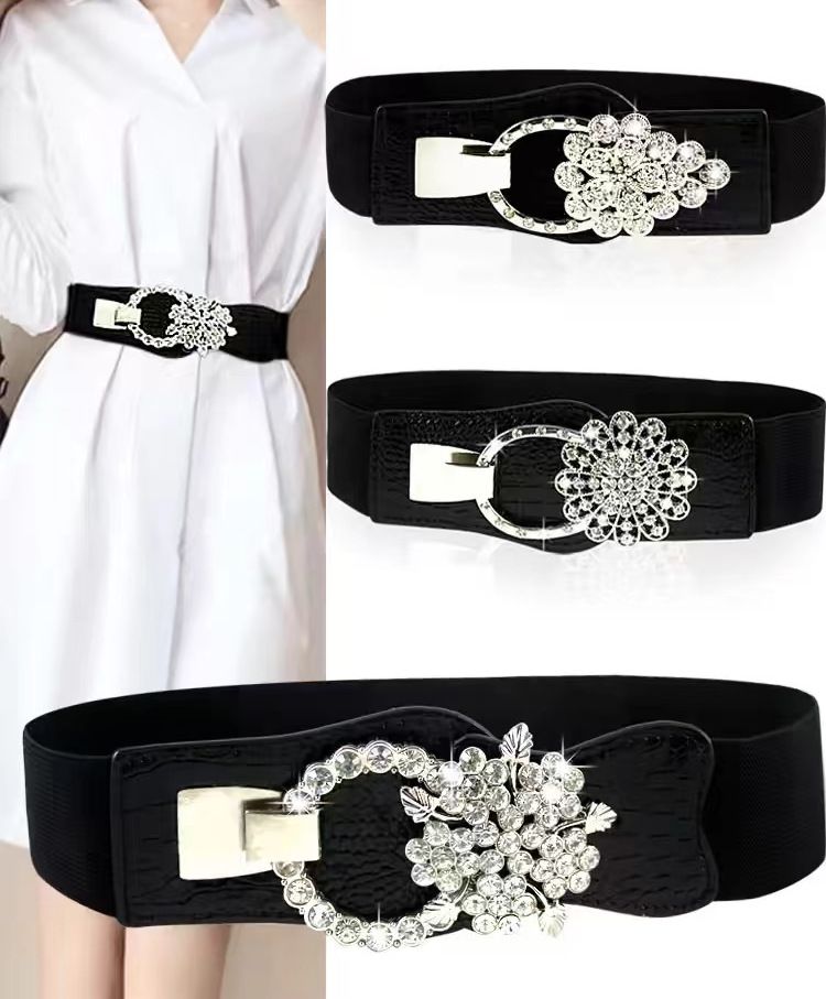 Einfacher, vielseitiger, mit Strass verzierter, elastischer, breiter Gürtel für Damenmode_voghion.com