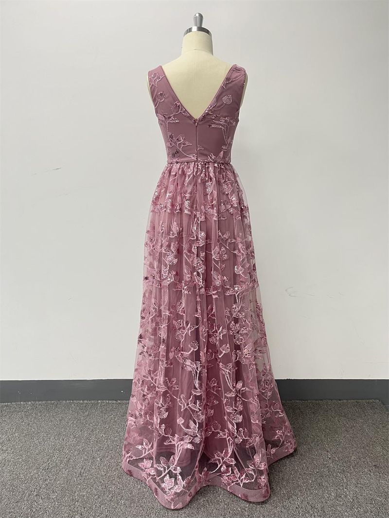 Damenbekleidung, hochwertiges neues ärmelloses Kleid mit doppeltem V-Ausschnitt und Netzstoff, bedruckt, durchgehender Reißverschluss auf der Rückseite, großes A-Linien-Abendkleid, langes Partykleid_voghion.com