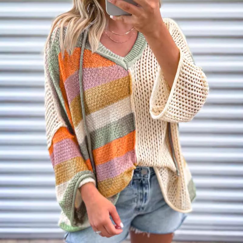 Pull col V Shiying pour femme, nouveau modèle d'automne, décontracté et polyvalent, haut ample à manches longues pour femme_voghion.com