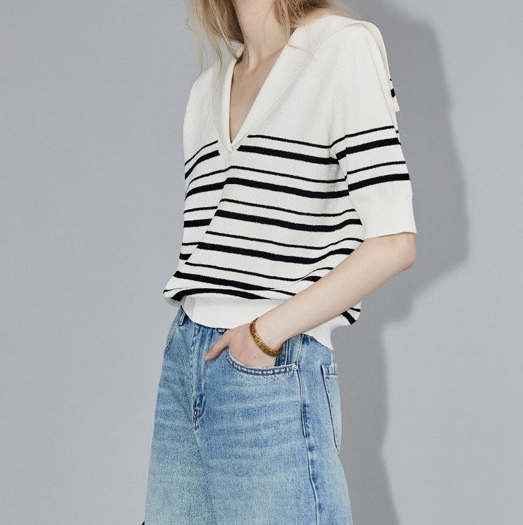 Chemise d'été classique à rayures noires et blanches en tricot fin, version coréenne, à la mode, polyvalente, décontractée, de style occidental_voghion.com