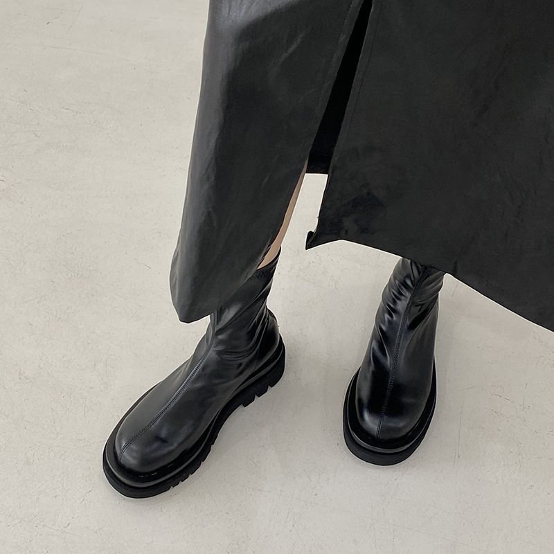 Martin für Damen im neuen britischen Stil, mittelhohe, runde Zehenpartie, dicke Sohle, kurz mit Reißverschluss auf der Rückseite, modische Einzelstiefel_voghion.com