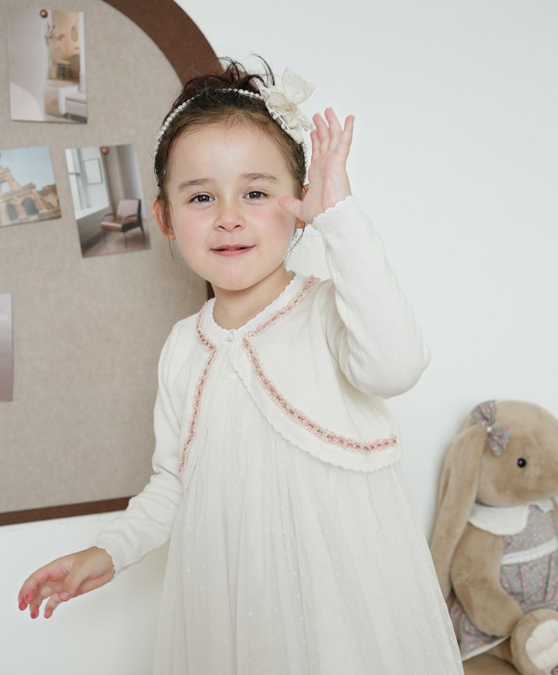 Cardigan élégant en tricot d'inspiration victorienne pour mère et enfant, avec bordure en dentelle, léger et doux, en mélange de coton (blanc-rose/blanc-noir/violet-rose)_voghion.com