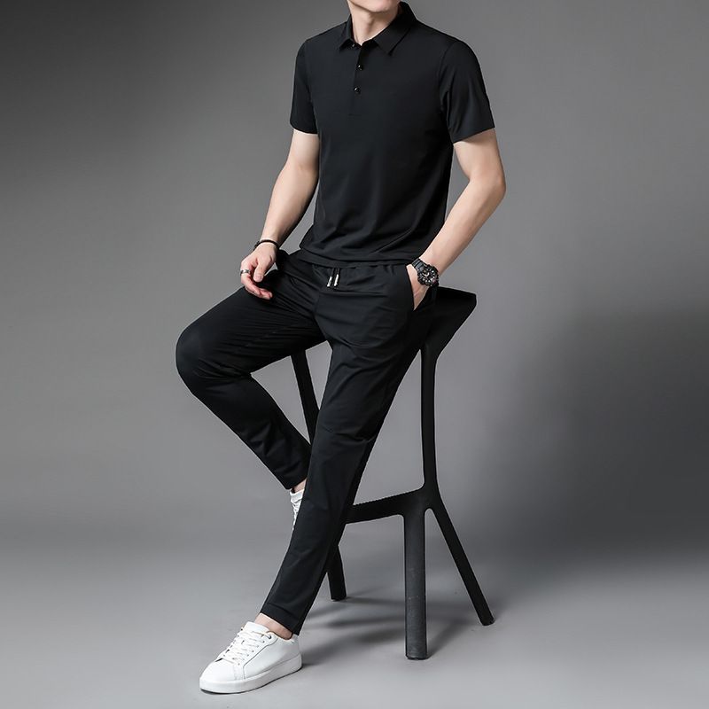 2025 Feel Running Sports Suit For Men Summer Thin Ice Silk Turn-down Collar T-shirt Men's Casual Set_voghion.com