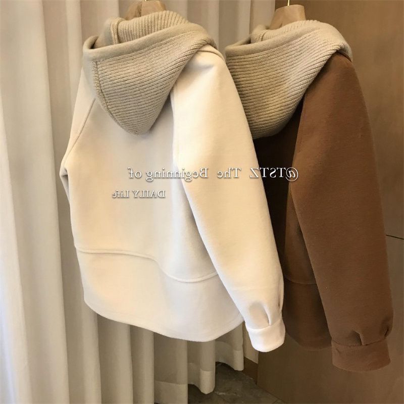Roupas femininas retalhos de malha com capuz casaco de lã para mulheres outono e inverno design nicho casaco tendência_voghion.com