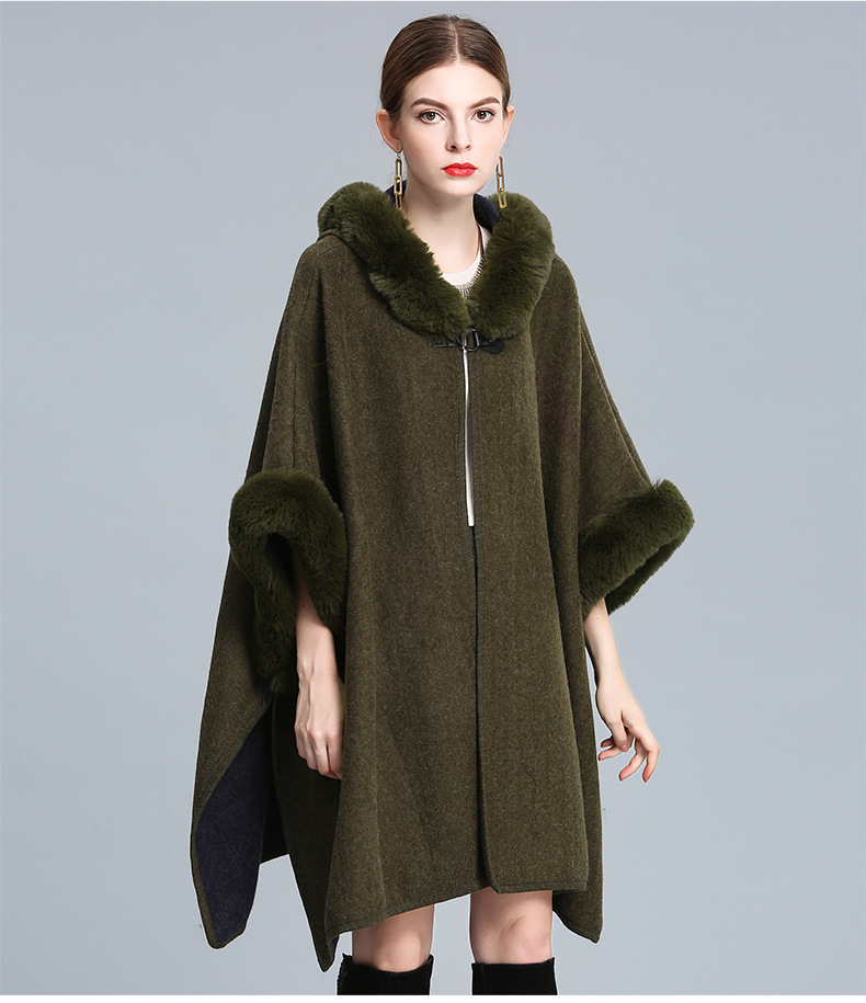 Women's imitation Rex rabbit collar hooded shawl cape large size woolen coat loose cardigan_voghion.com