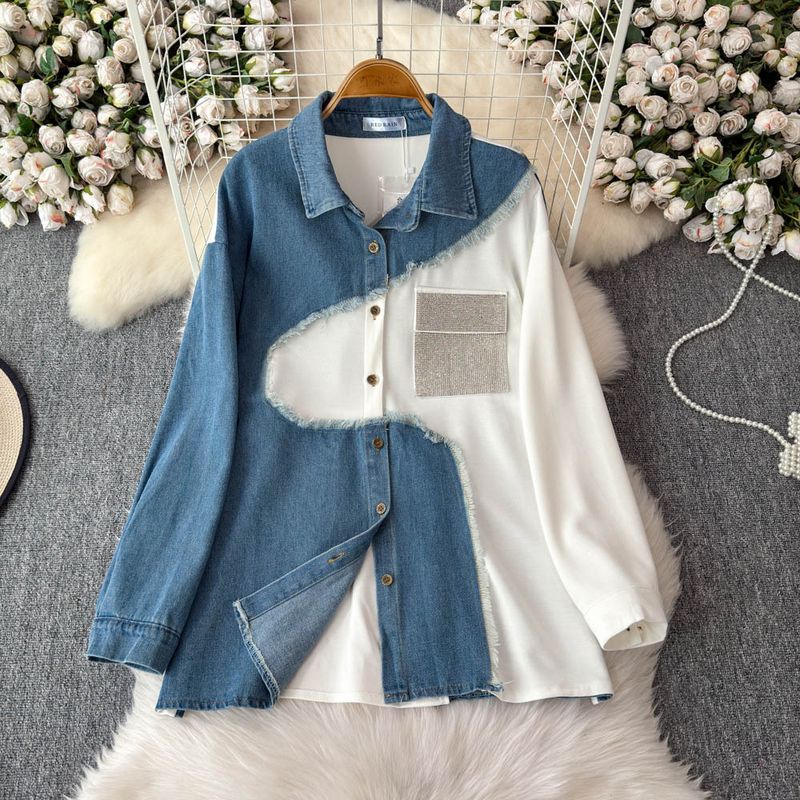Damenbekleidung Designer-Jeanshemd mit Revers und Patchwork-Muster, langärmeliges Oberteil, Anzug für Frauen, hohe Taille, schmale, farblich passende Hose mit weitem Bein, zweiteiliger Anzug_voghion.com