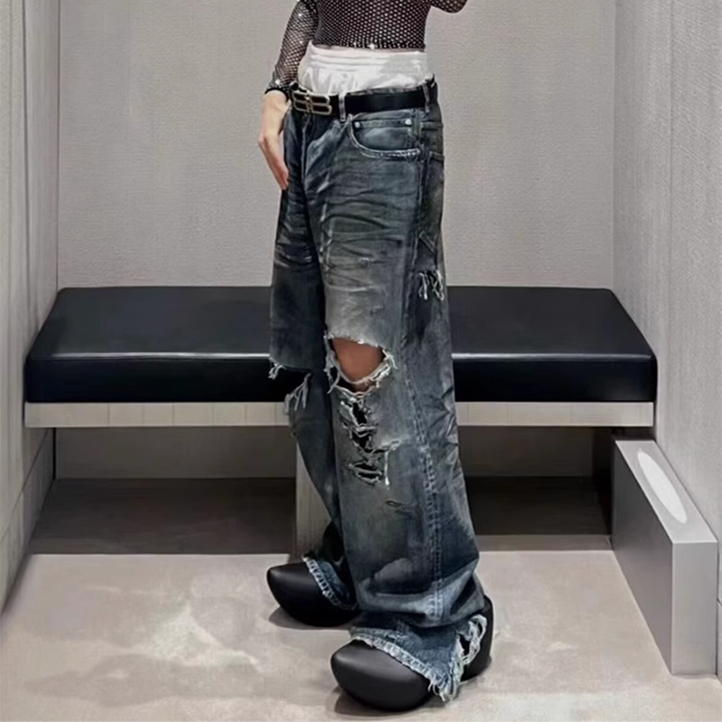 Ausgefranste, Beschädigte Loch-Baggy-Jeans Mit Weitem Bein Für Männer Und Frauen, Streetwear, Lässige Ropa Hombre-Denim-Hose, Übergroße Cargohose_voghion.com