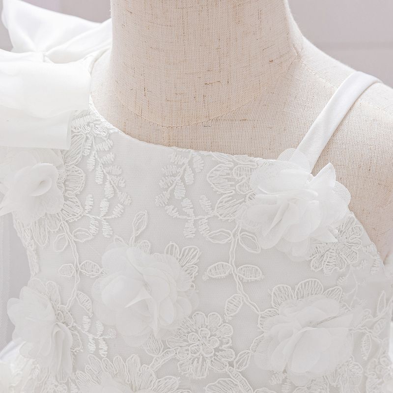 Boho Chic Christening Dress (70-110cm/6M-3Y) | Asymmetric Straps Tulle Gown With Lace Trim | Unique Straps Design For Baptism & 1st Birthday_voghion.com