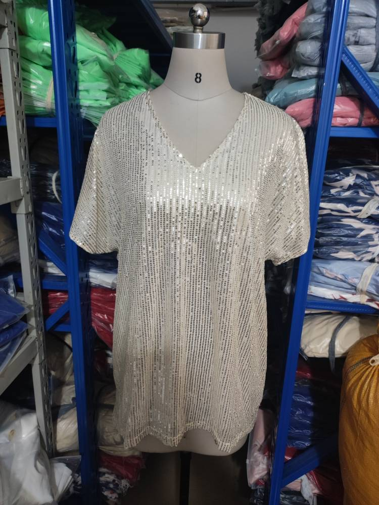 Summer Short Sleeve Urban Casual Solid Color Loose Pullover Sequin T-Shirt for Women_voghion.com