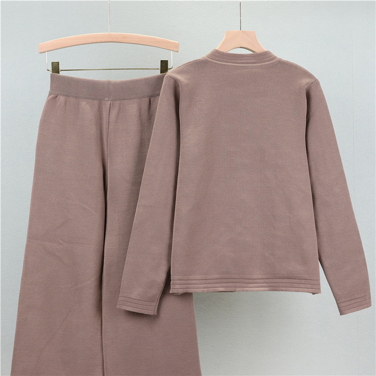 Women's Clothing fashion casual knitted suit women's autumn long sleeved cardigan top wide leg trousers small fragrance two piece set_voghion.com