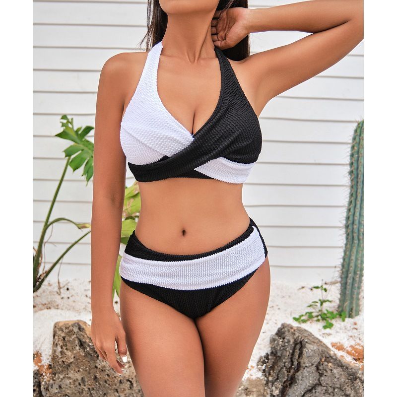 New Color-coded Cross-neck Bikini High-waisted Two-piece Swimsuit_voghion.com