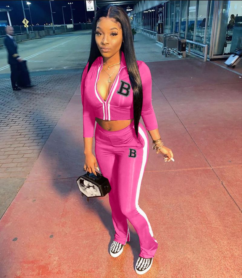 Women's Clothing Trouser Leg Zipper Slit Color Matching Sports Leisure Suit_voghion.com
