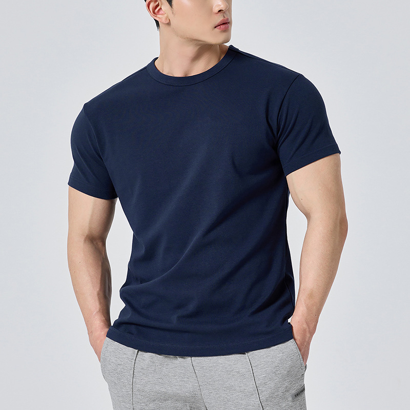 T-shirt de sport à manches courtes et col rond pour homme, en coton, élastique, respirant, coupe ajustée, pour exercices en plein air, manches courtes_voghion.com