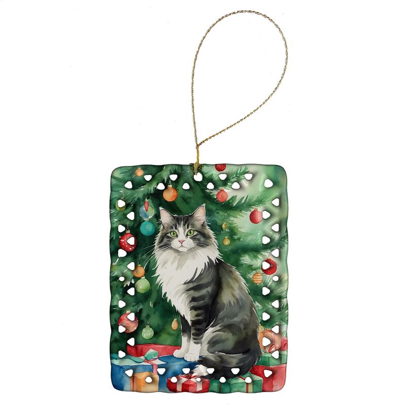 Norwegian Forest Cat By The Christmas Tree Porcelain Ornament Christmas Tree Hanging Decorations For Home Christmas Holiday, Rectangle, Gift, Multicolor_voghion.com