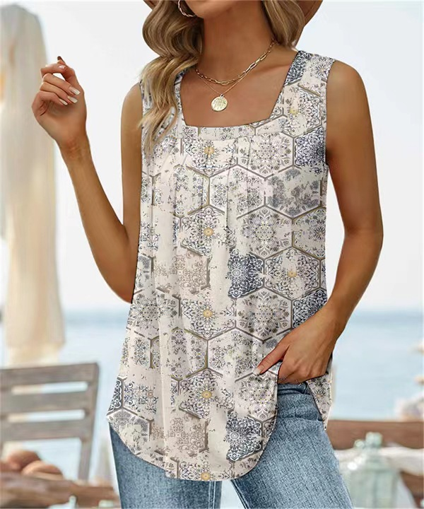 2025 New Summer Sleeveless Square Neck Printed Tank Top T-shirt For Women_voghion.com