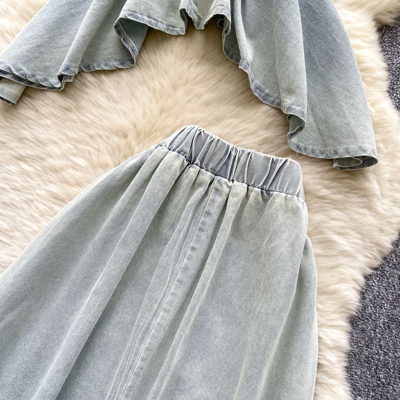 Roupas femininas Pure Desire To Wear Vestido de verão feminino Design Cintura Sem mangas Top tubo irregular Colete Cintura alta Fenda Saia jeans_voghion.com