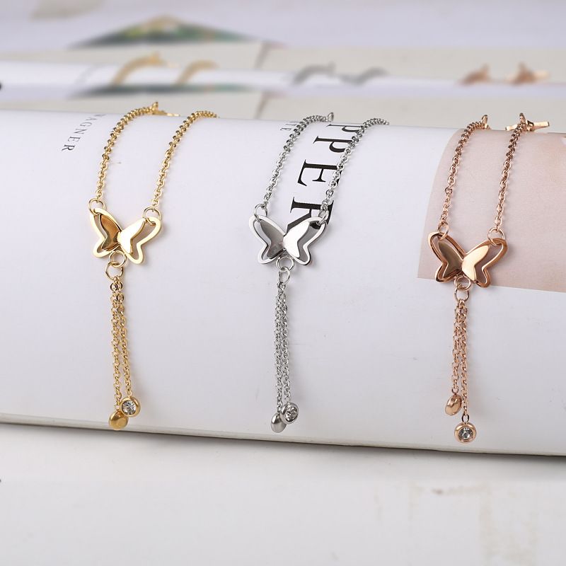 Minimalistischer Titanstahl-Schmetterlings-Roségold-Damen-Fußkettchen Zirkon Sommermode Strand-Fußschmuck_voghion.com