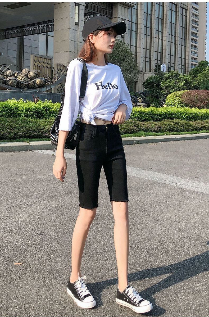 Xia 2024 Nuovi pantaloncini in denim sottile da donna a vita alta neri snellenti elastici attillati 5/4 pantaloni da ciclista_voghion.com
