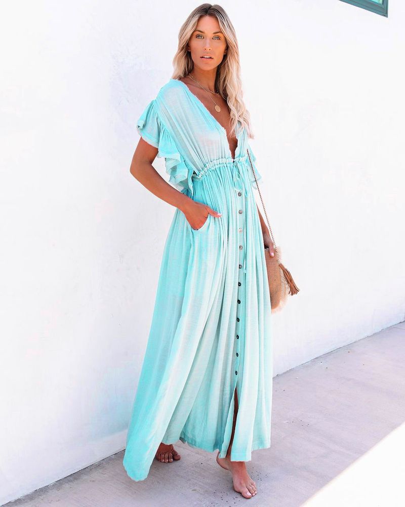 Boho Button Front Cover Up Dress With Belt - Beach Sun Protection Kimono Cardigan For Women_voghion.com