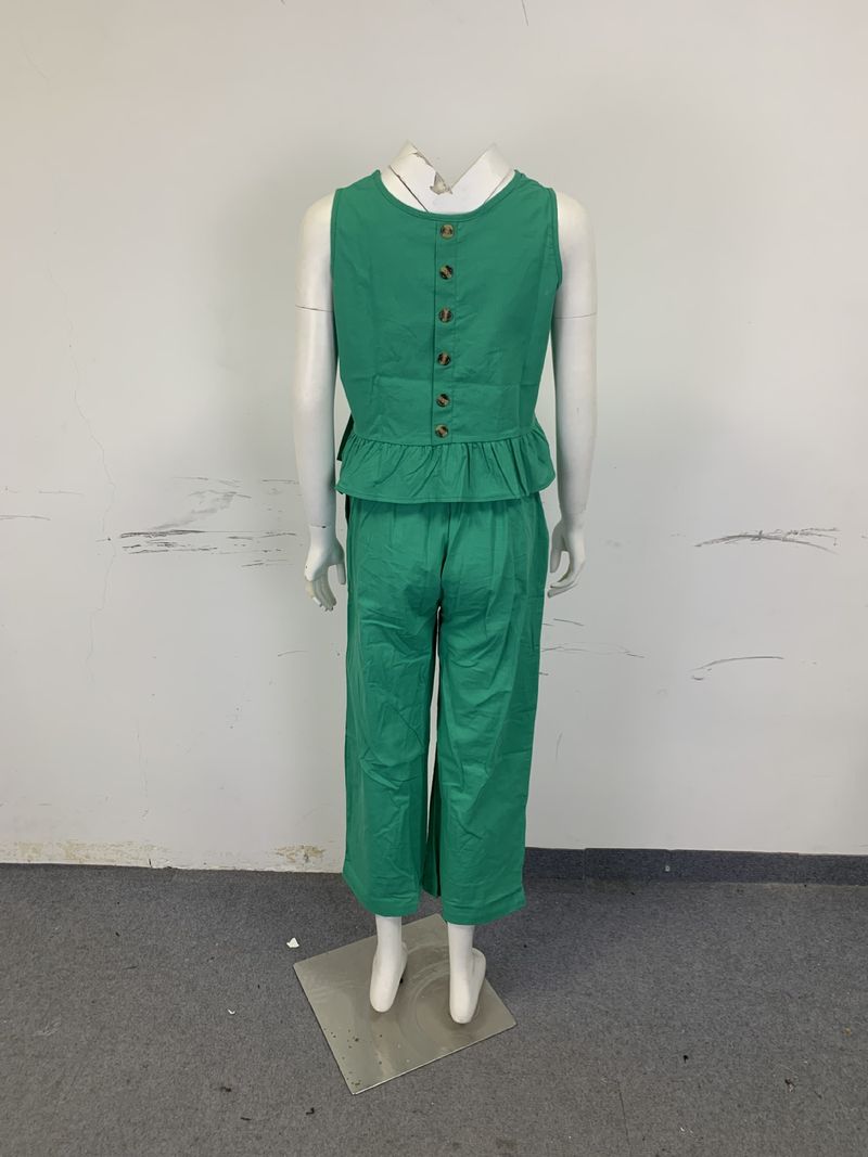 Ärmelloses Rüschenoberteil und weit geschnittene Hose aus Leinen-Baumwolle für Damen – Bohemian-Sommeroutfit_voghion.com