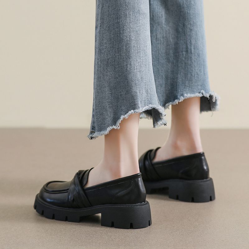 Platform Loafers Women's One-pedal Black Retro Small Leather Shoes College Style Soft-soled Single Shoes_voghion.com