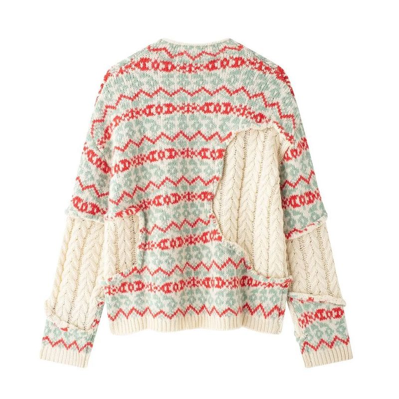 Women's 2024 Autumn/Winter New Street Fashion Round Neck Splicing Jacquard Knitted Shirt_voghion.com