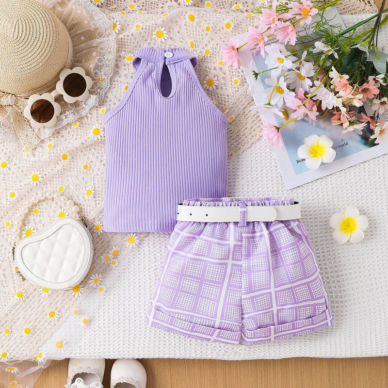 Kannerkleeder Nei Summer Meedercher Kostümer Kleng a Mëttel Kanner Einfarweg Halter Neck Top + Bedruckte Shorts + Rimm_voghion.com