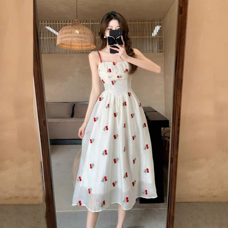 Taglie forti, abbigliamento da donna primaverile ed estivo con cinturino floreale francese per donne formose, snellente, bianco, base di nicchia lunga per pausa tè_voghion.com