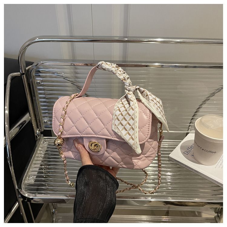 Women's Fashion Shoulder Bag With Quilted Design, Chain Strap & Scarf Detail - Soft PU Crossbody Purse For Daily Commute & Casual Outings_voghion.com