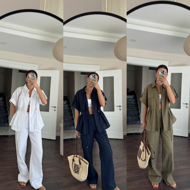 Women's Clothing Casual Workwear Pocket Drawstring Short Sleeved Shirt Trousers Summer Two Piece Suit_voghion.com