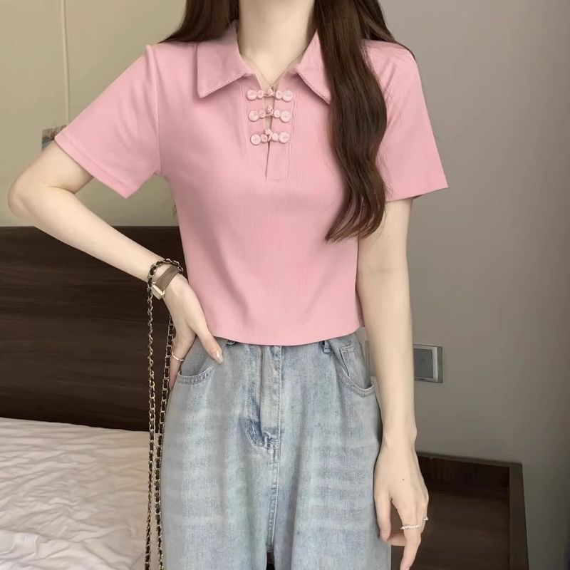 New buckle Chinese style sleeved T-shirt for women in summer 2024, covering the belly and showing off thinness, short_voghion.com