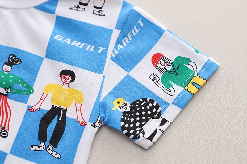 Baby Summer kariert Cartoon Kuerzärm Jongen Set, schéin a modesch Kannerkleeder, Puppelcherskleeder, zwee_voghion.com