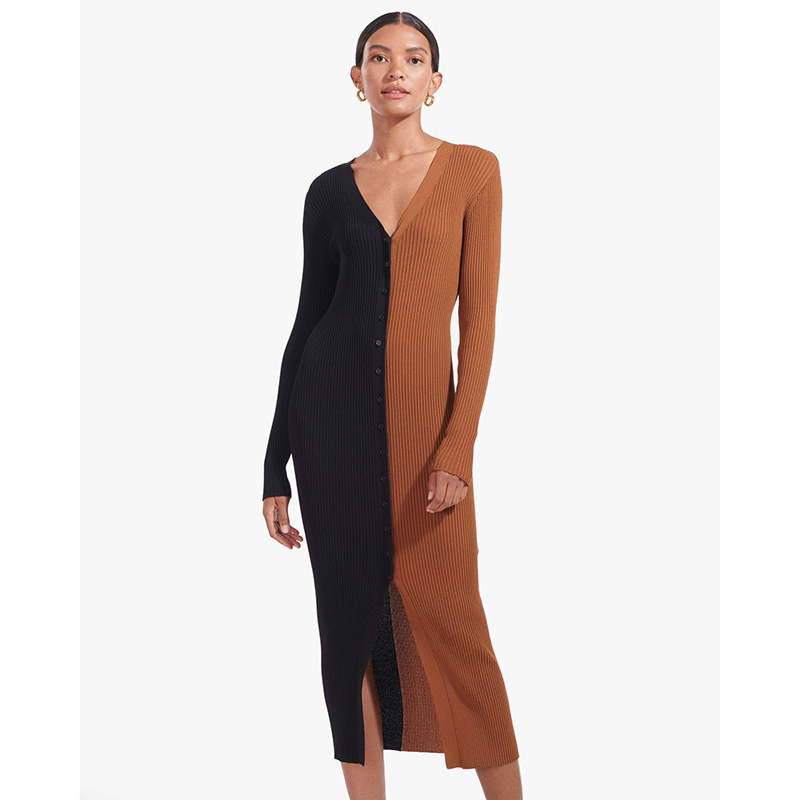 Dameskleding herfst en winter seizoen nieuw temperament woon-werkverkeer kleur bijpassende knoop hoge taille lange jurk_voghion.com