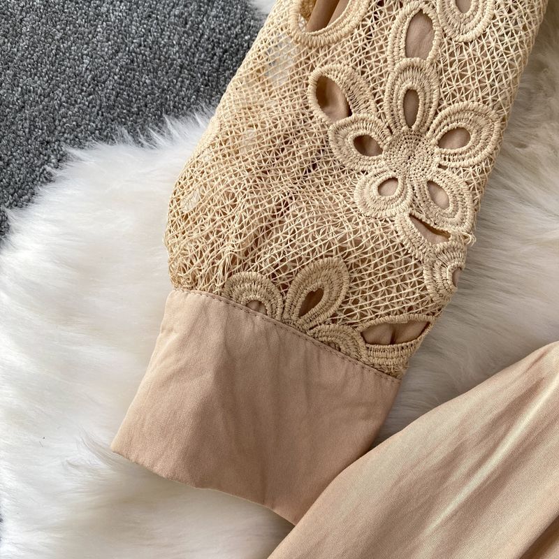 Elegante camicetta in pizzo con collo alto e gonna patchwork attillata – Completo sofisticato in due pezzi per donna_voghion.com