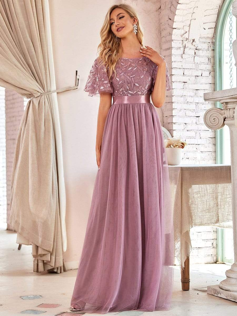 Robe De Soiree Bleščeče večerne obleke, dolge, a-kroja, O-izrez, formalne obleke s kratkimi rokavi, ženske, elegantne obleke, vestido iz tila z bleščicami_voghion.com